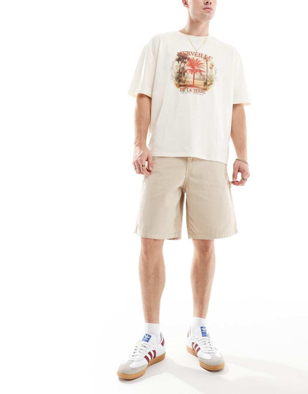Jack & Jones baggy fit carpenter shorts in beige Product Image
