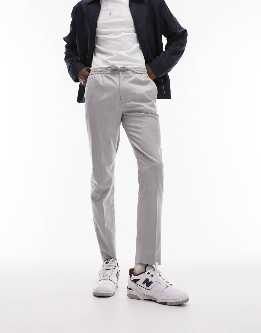 Topman skinny smart pants with elastic waistband in light gray Product Image