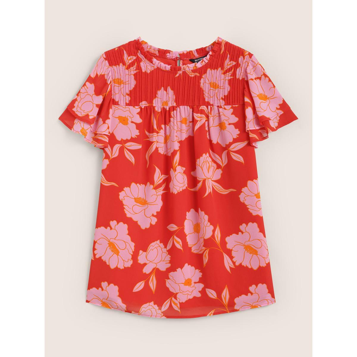 Plus Size Brightred Floral Stand Collar Pleated Tiered Ruffles Blouse Women Elegant Short sleeve Stand-up collar Everyday Blouses BloomChic 22-24/3X Product Image