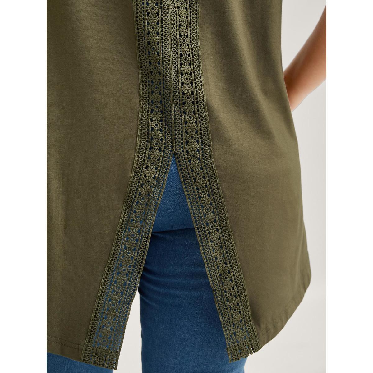 Plus Size Split Lace Back Solid T-Shirt ArmyGreen Women Woven ribbon&lace trim Round Neck Everyday-Casual T-shirts BloomChic 12/L Product Image