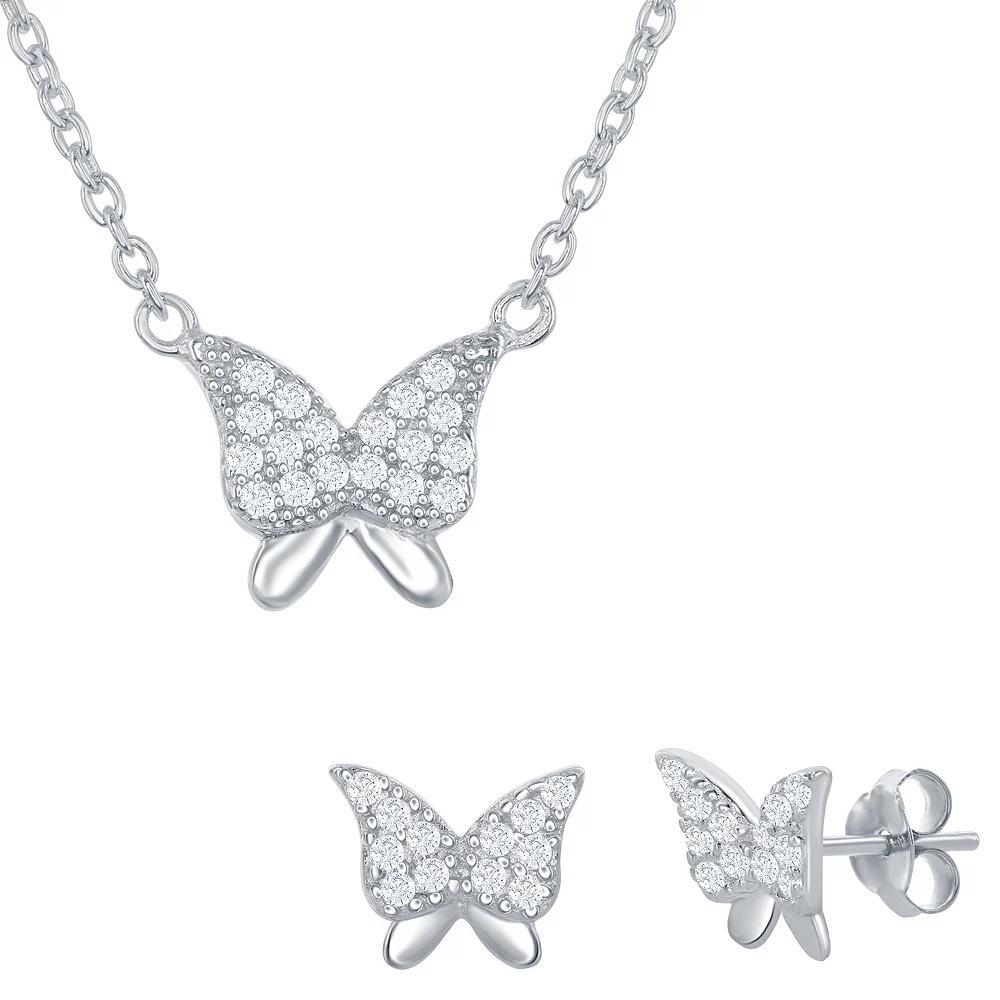 Sterling Silver Cubic Zirconia Butterfly Necklace & Earrings Set, Women's, Size: 18" Product Image