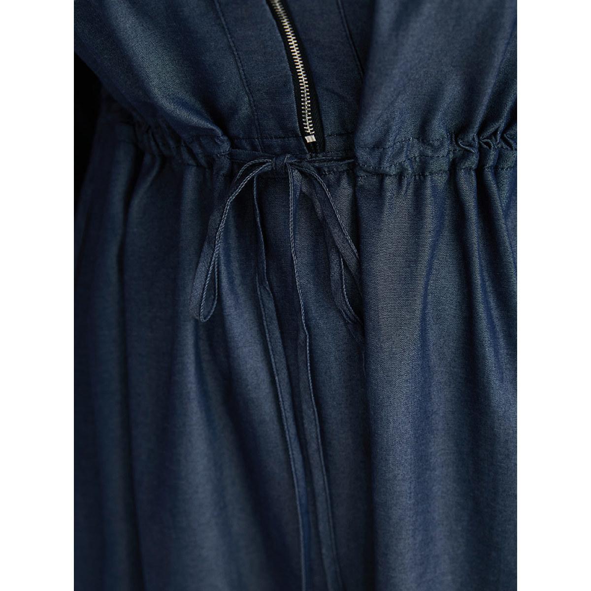 Plus Size Denim Half Zip Drawstring Elastic Waist Dress Indigo Women Casual Plain Notched collar Long Sleeve Curvy Midi Dress BloomChic 22-24/3X Product Image