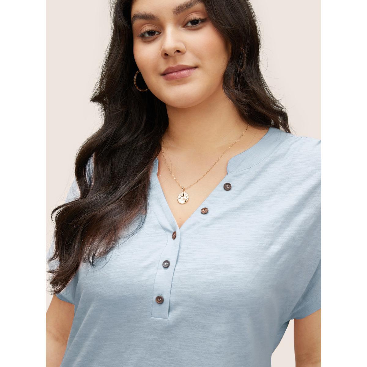 Plus Size Cotton Solid Notched Dolman Sleeve T-shirt LightBlue Women Casual Non Plain Notched collar Everyday T-shirts BloomChic 28/5X Product Image