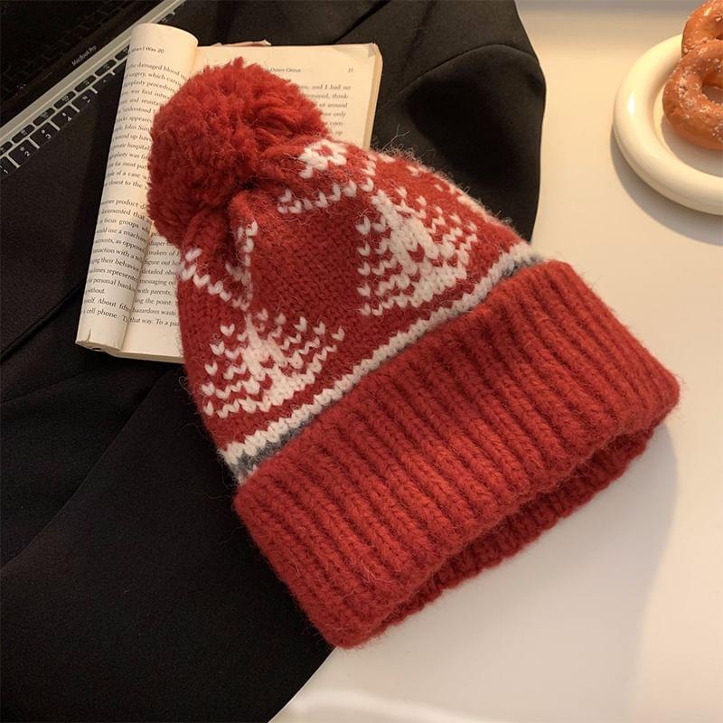 Patterned Pom Pom Knit Beanie Product Image