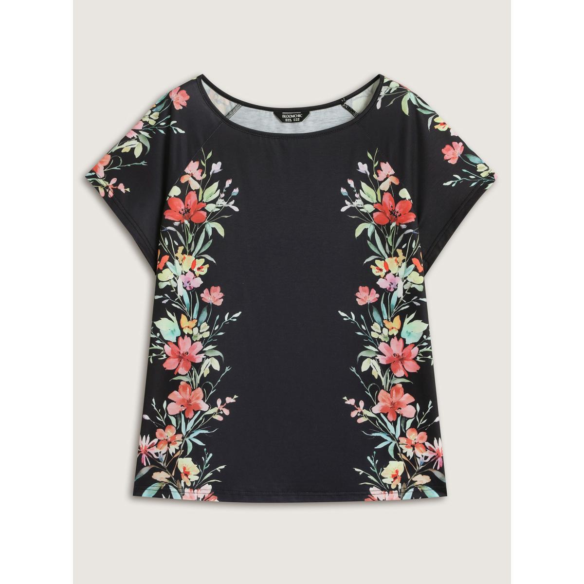 Plus Size Floral Print Solid Round Neck T-Shirt Black Women Contrast Round Neck Everyday-Casual T-shirts BloomChic 14-16/1X Product Image