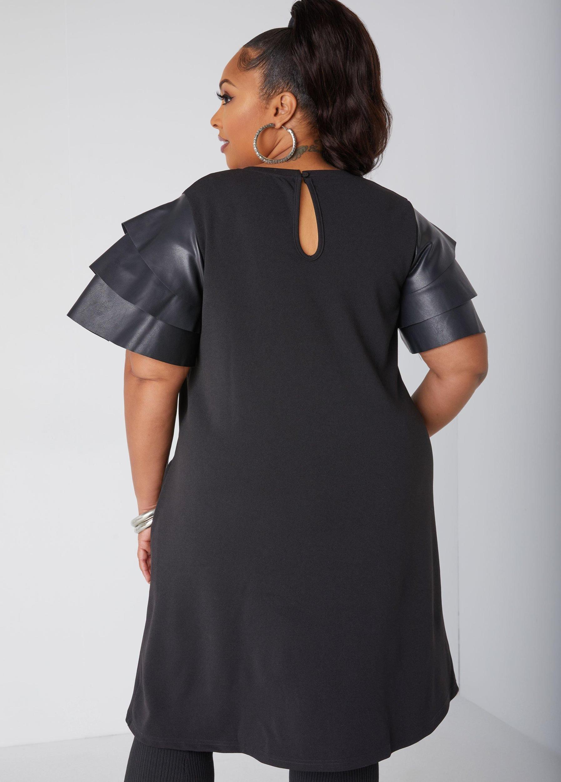 Plus Size Ruffled Faux Leather Paneled Dress Ashley Stewart Product Image