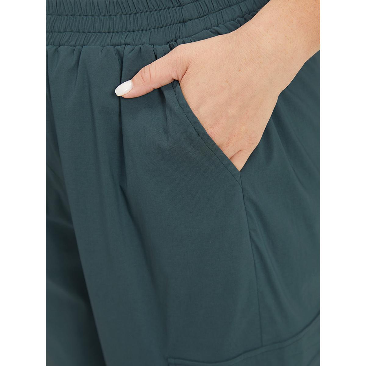 Plus Size Plain Drawstring Patched Pocket High Rise Pants Women DarkGreen Casual Straight Leg High Rise Dailywear Pants BloomChic 10/M Product Image