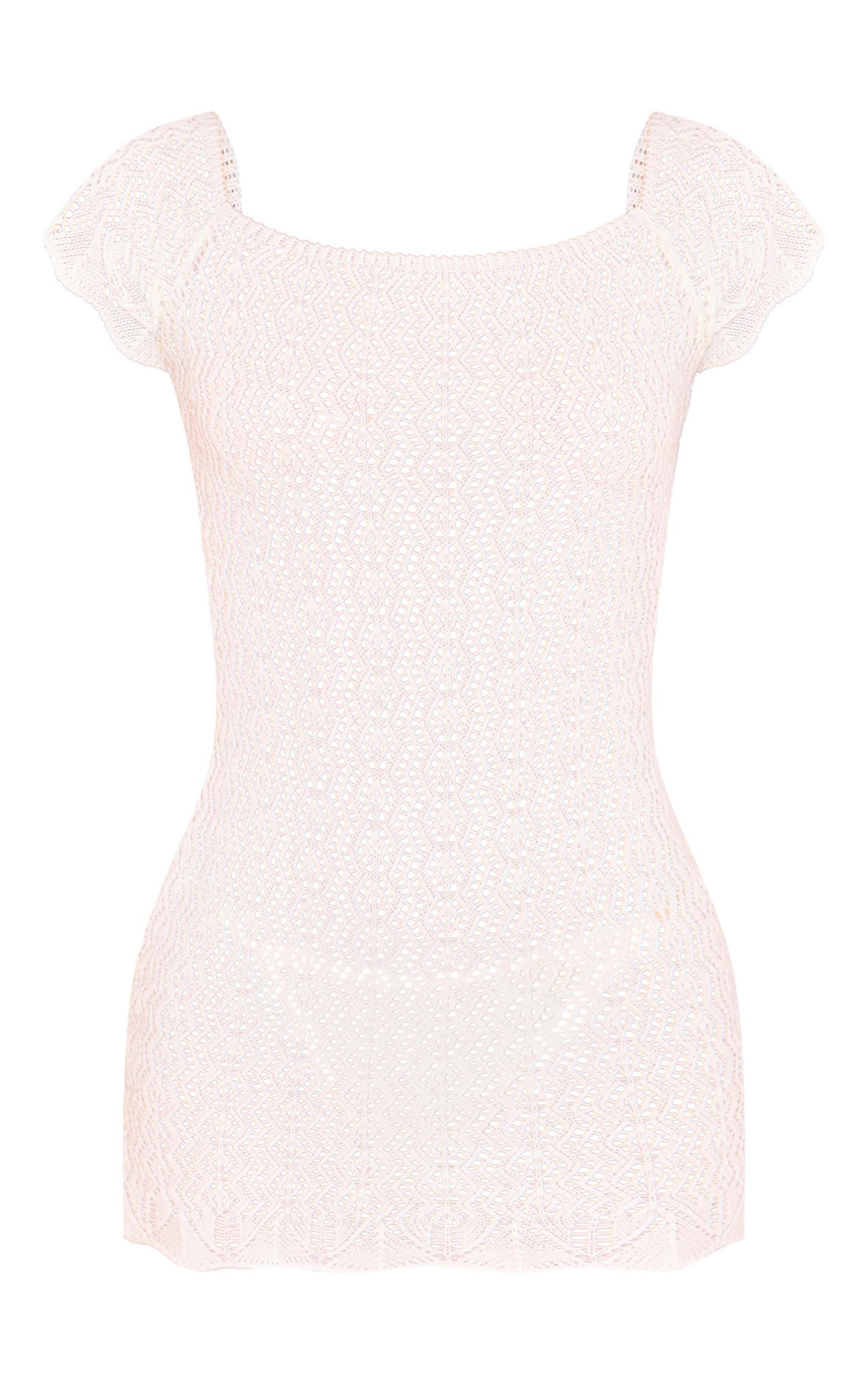 Cream Crochet Knit Square Neck Mini Dress Product Image