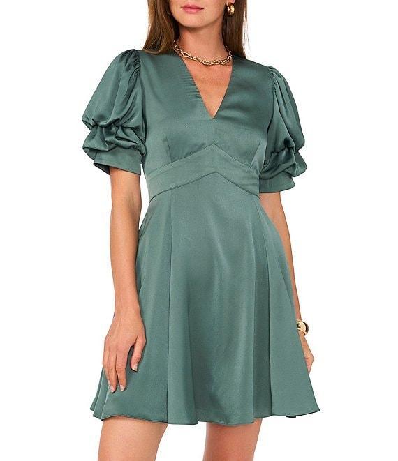 1. STATE Tiered Bubble Sleeve V Neckline Fit-n-Flare Dress Product Image
