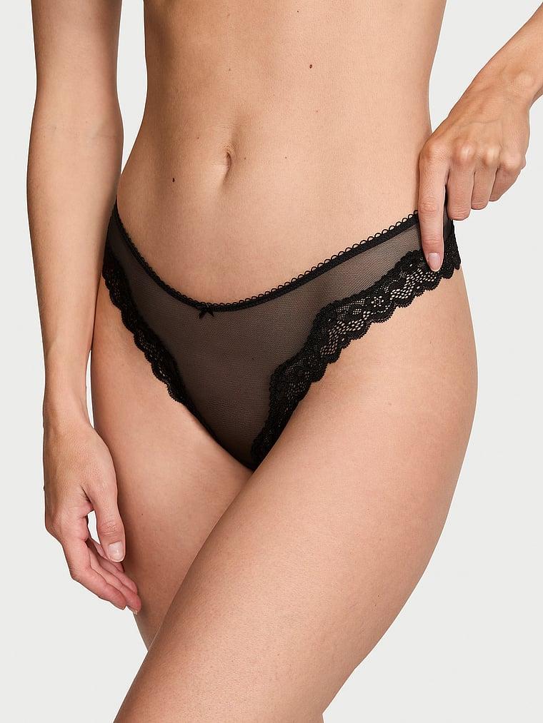 Tease Mesh Lace-Trim High-Leg Thong Panty Product Image