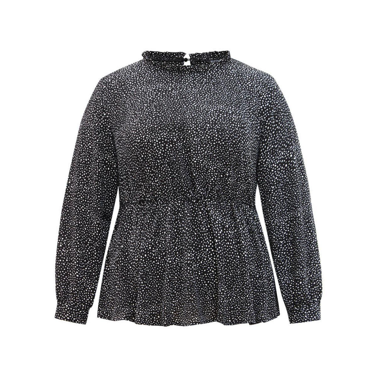 Plus Size Black Polka Dot Chiffon Frill Trim Cut Out Elastic Waist Blouse Women Office Long Sleeve Round Neck Work Blouses BloomChic 22-24/3X Product Image