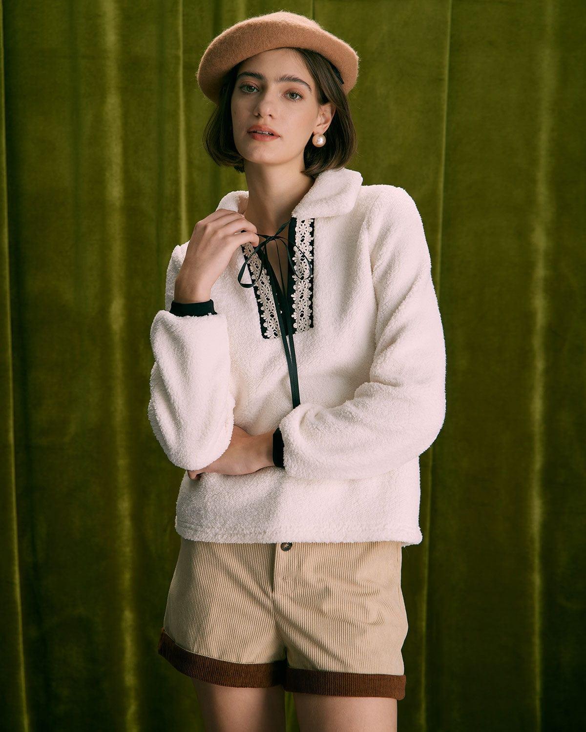 The Beige V Neck Spliced Teddy Sweatshirt Product Image