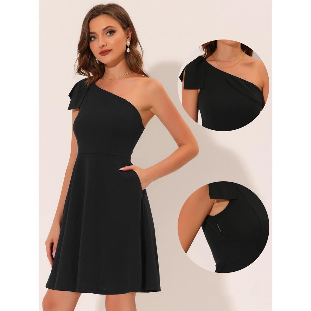 INSPIRE CHIC Women's Christmas Party Elegant Flared Bow One Shoulder Evening Cocktail Dresses Product Image