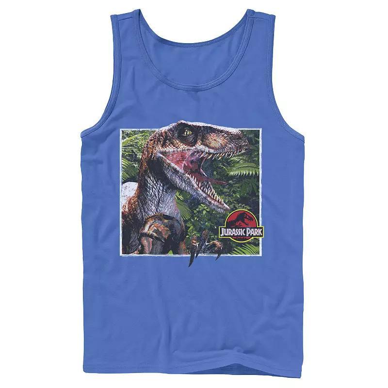 Men's Jurassic Park Raptor Coming Out Of Forest Tank Top, Size: Small, Blue Product Image