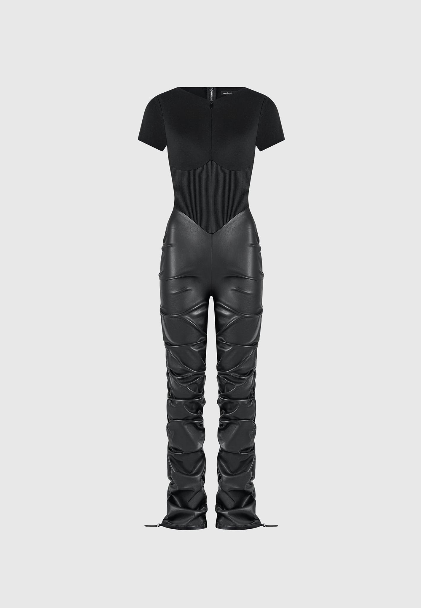 Tacked Leather T-Shirt Jumpsuit - Black Female Product Image