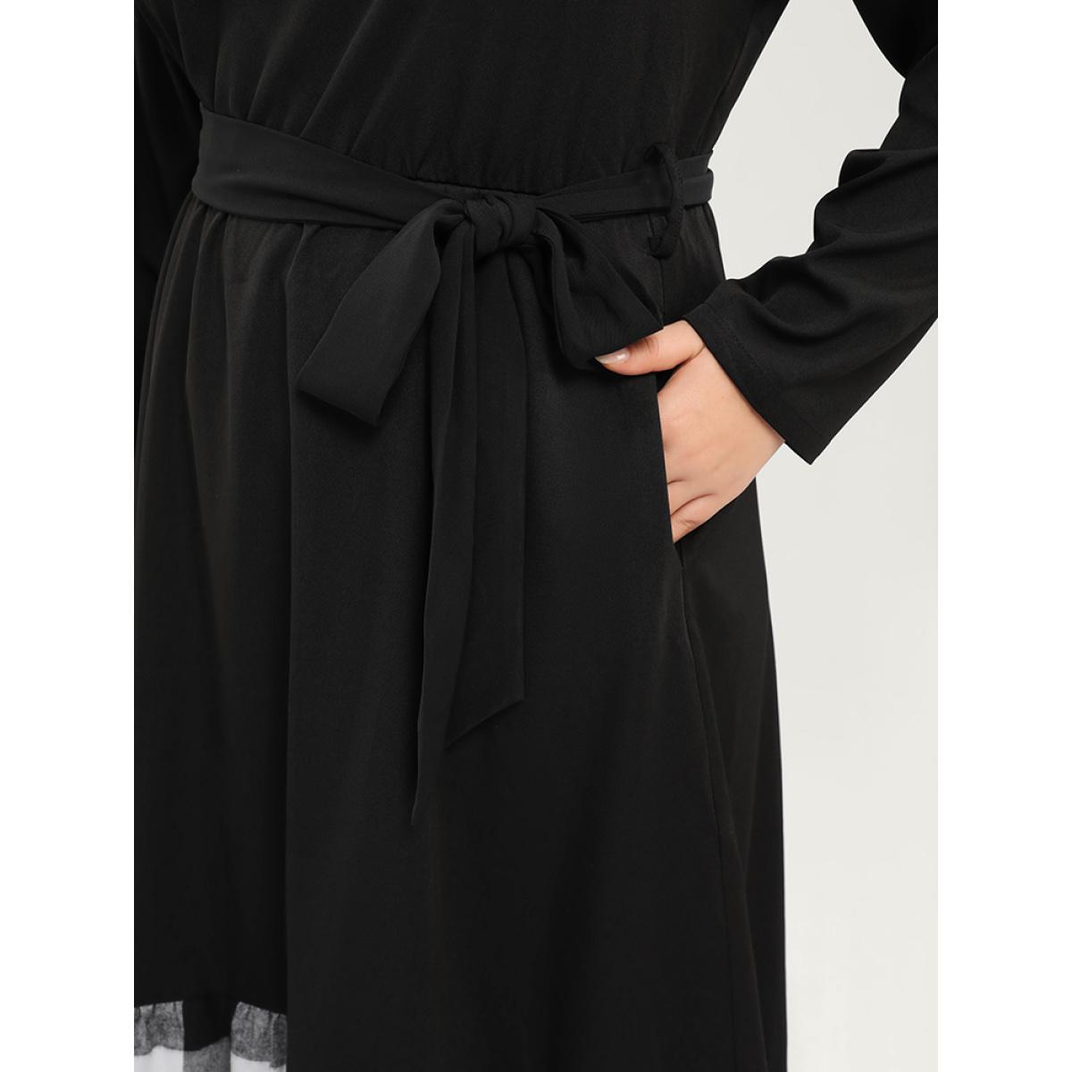 Plus Size Plaid Patchwork Pocket Belted Asymmetrical Hem Dress Black Women Elegant Belted Round Neck Long Sleeve Curvy Midi Dress BloomChic 10/M Product Image