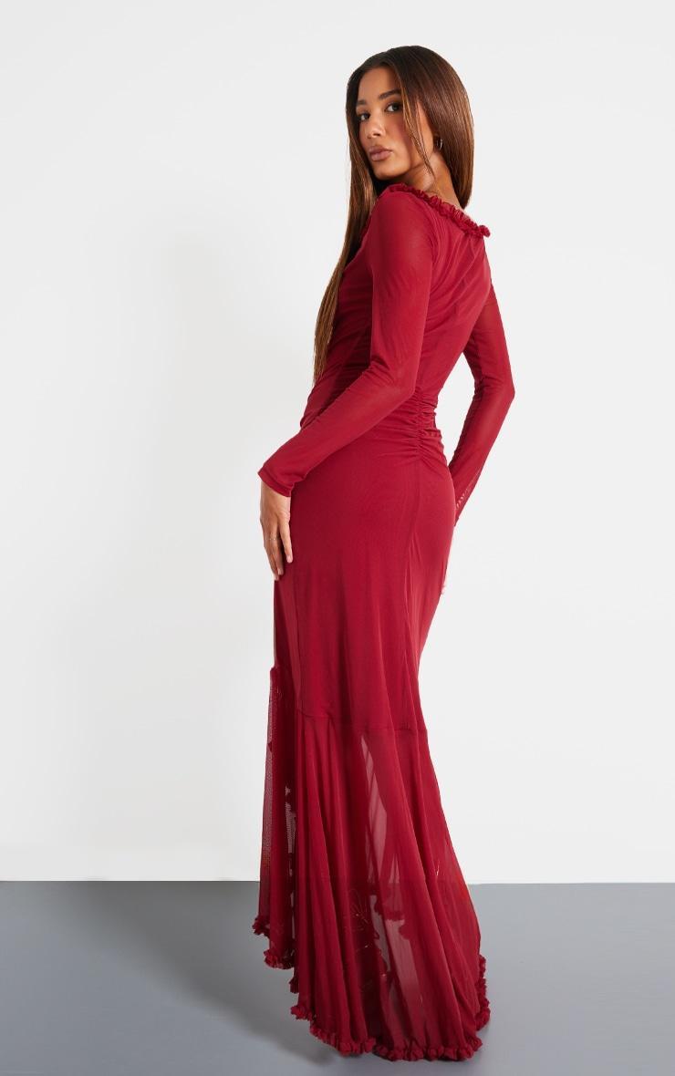 Burgundy Mesh Long Sleeve Frill Detail Cut Out Maxi Dress Product Image