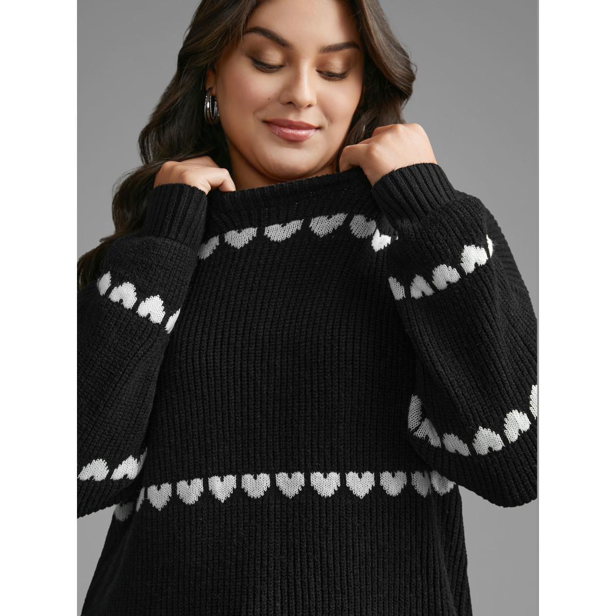 Plus Size Supersoft Essentials Heart Jacquard Pullover Black Women Casual Loose Long Sleeve Round Neck Everyday Pullovers BloomChic 26/4X Product Image