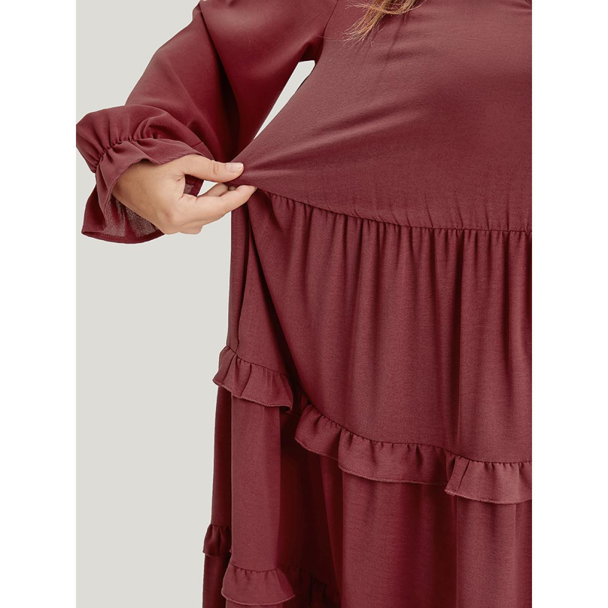 Plus Size Solid Lantern Sleeve Pocket Ruffle Hem Dress Russet Women Elegant V-neck Long Sleeve Curvy Long Dress BloomChic 22-24/3X Product Image