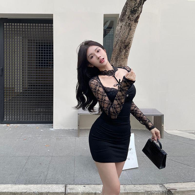 Long-Sleeve Halter Cutout Floral Lace Panel Mini Sheath Dress Product Image