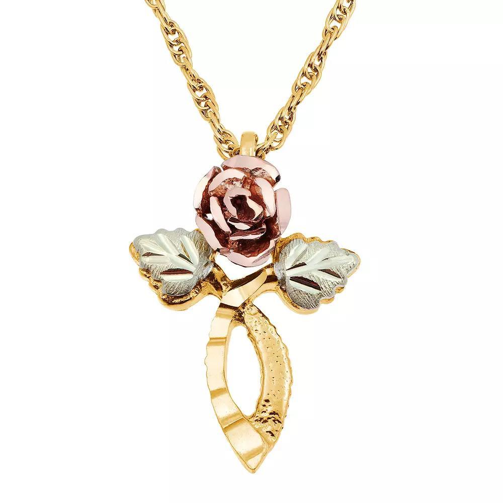 Black Hills Gold Tri-Tone Rose Cross Pendant Necklace, Women's, Size: 18", 10k Gold Product Image