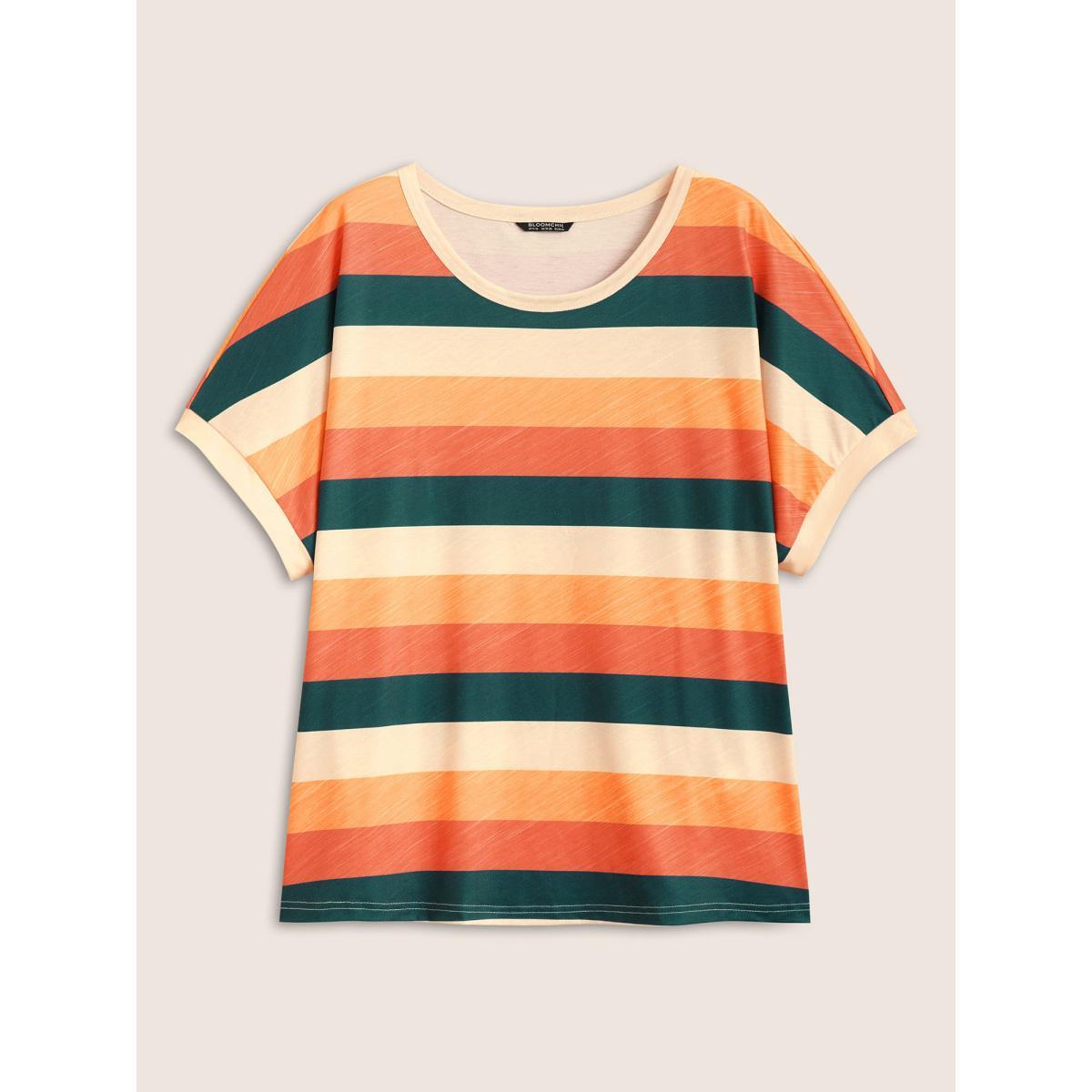 Plus Size Colored Striped Crew Neck Batwing Sleeve T-shirt Multicolor Women Casual Contrast Round Neck Everyday T-shirts BloomChic 26/4X Product Image