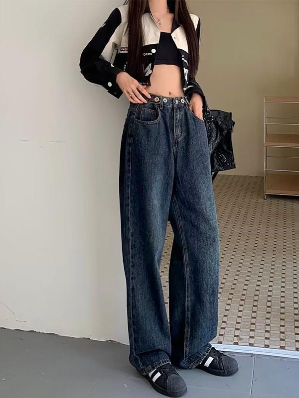 Washed Dark Blue Eyelet Decor High Waist Boyfriend Jeans Product Image