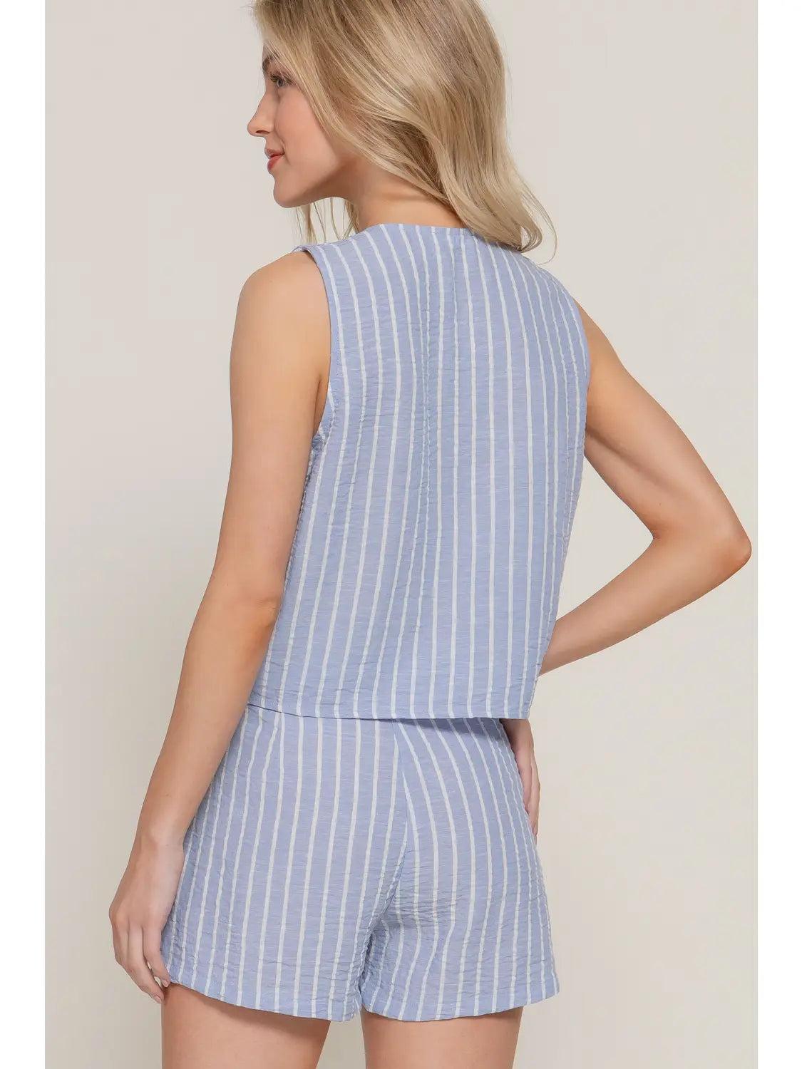 Blue and White V-Neck Front Tie Vest & Stripe Woven Short Pants Set Product Image