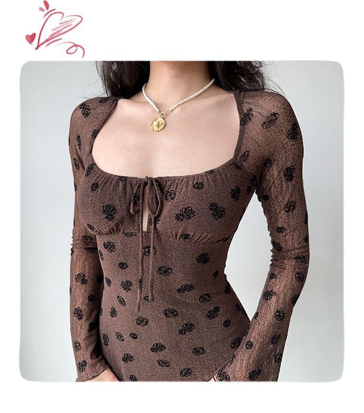 Long-Sleeve Scoop Neck Floral Jacquard Cutout Tie Front Mini Bodycon Dress Product Image