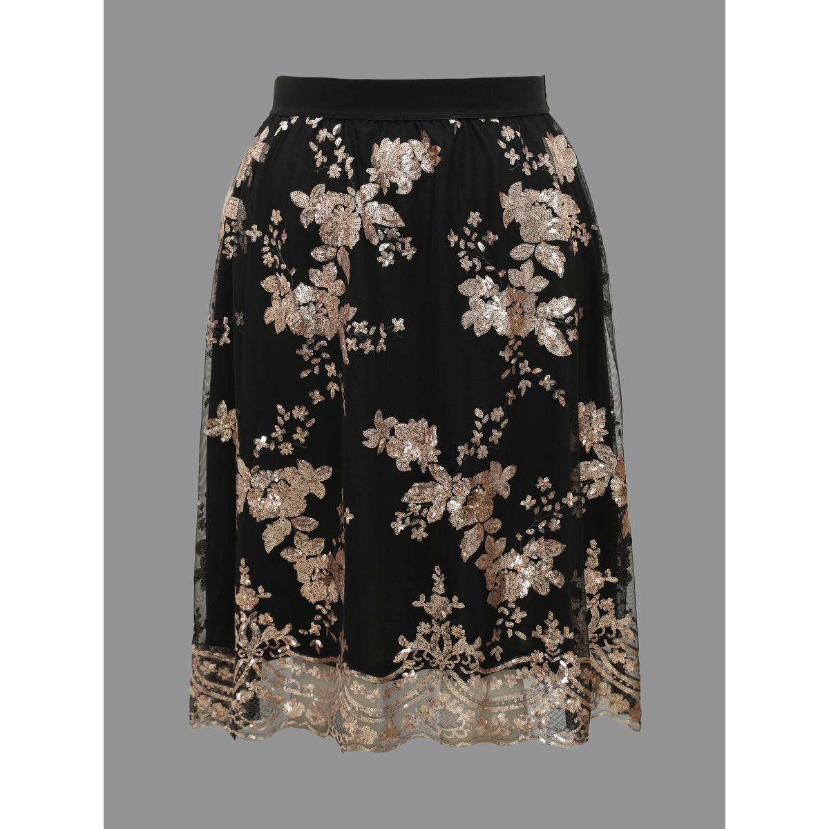Plus Size Sequin Floral Stretchy Waist Skirt Women Black Cocktail No stretch Party Skirts BloomChic 12/L Product Image
