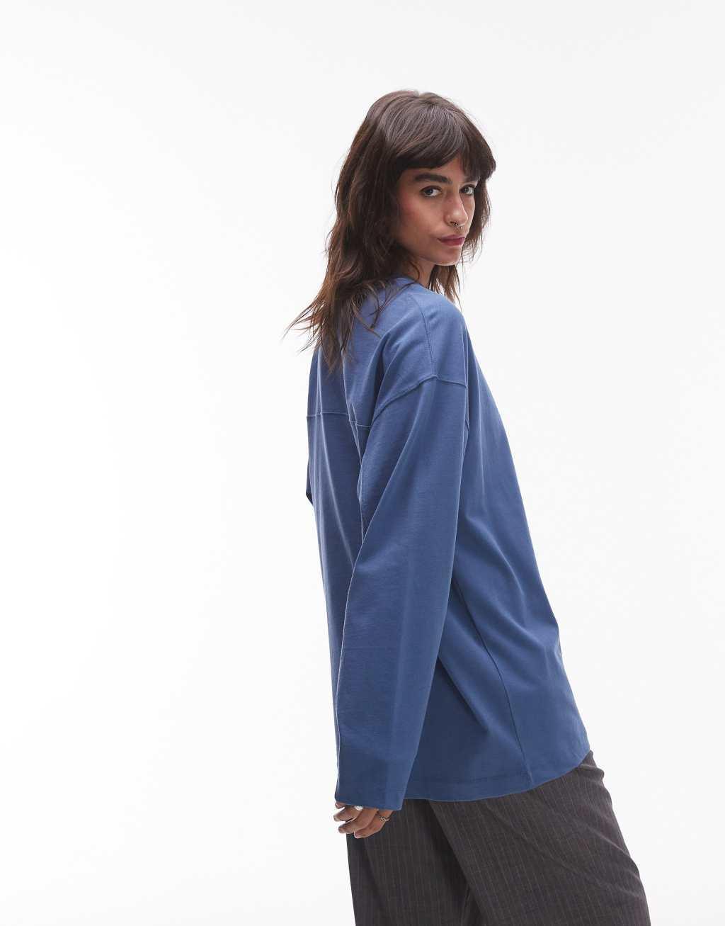 Topshop premium seam detail long sleeve skater tee in blue Product Image