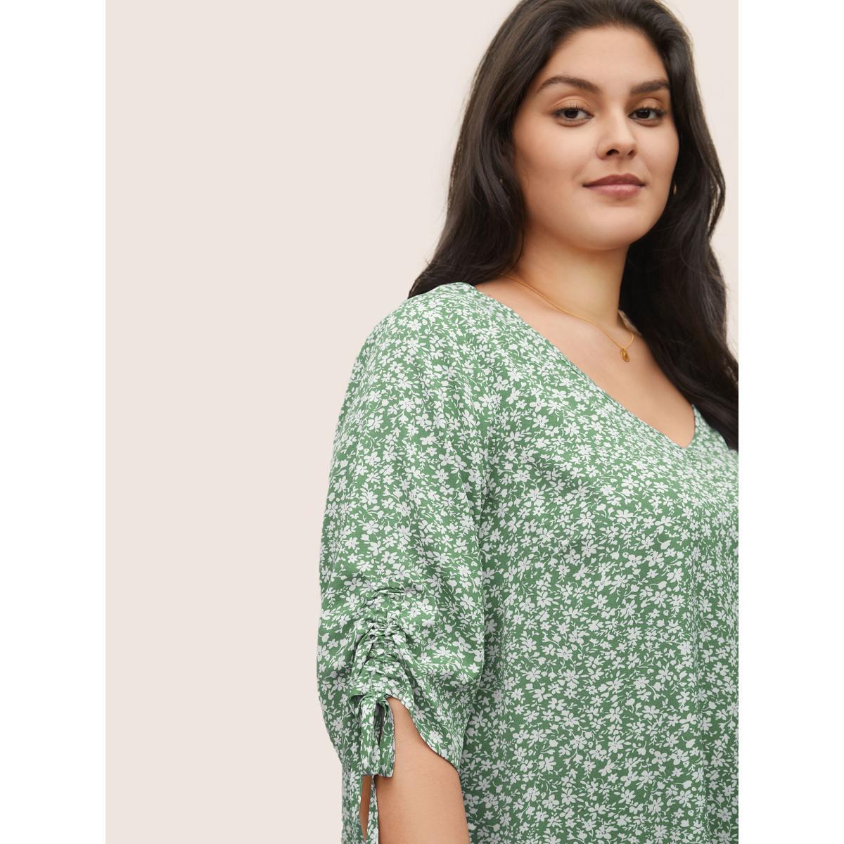 Plus Size Cerulean Ditsy Floral Knot Ties Sleeve Blouse Women Elegant Elbow-length sleeve V-neck Everyday Blouses BloomChic 14-16/1X Product Image