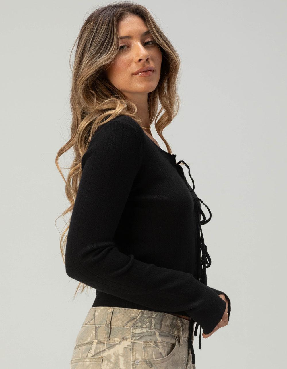 FULL TILT 3 Tie Front Womens Pointelle Cardigan - BLACK Product Image
