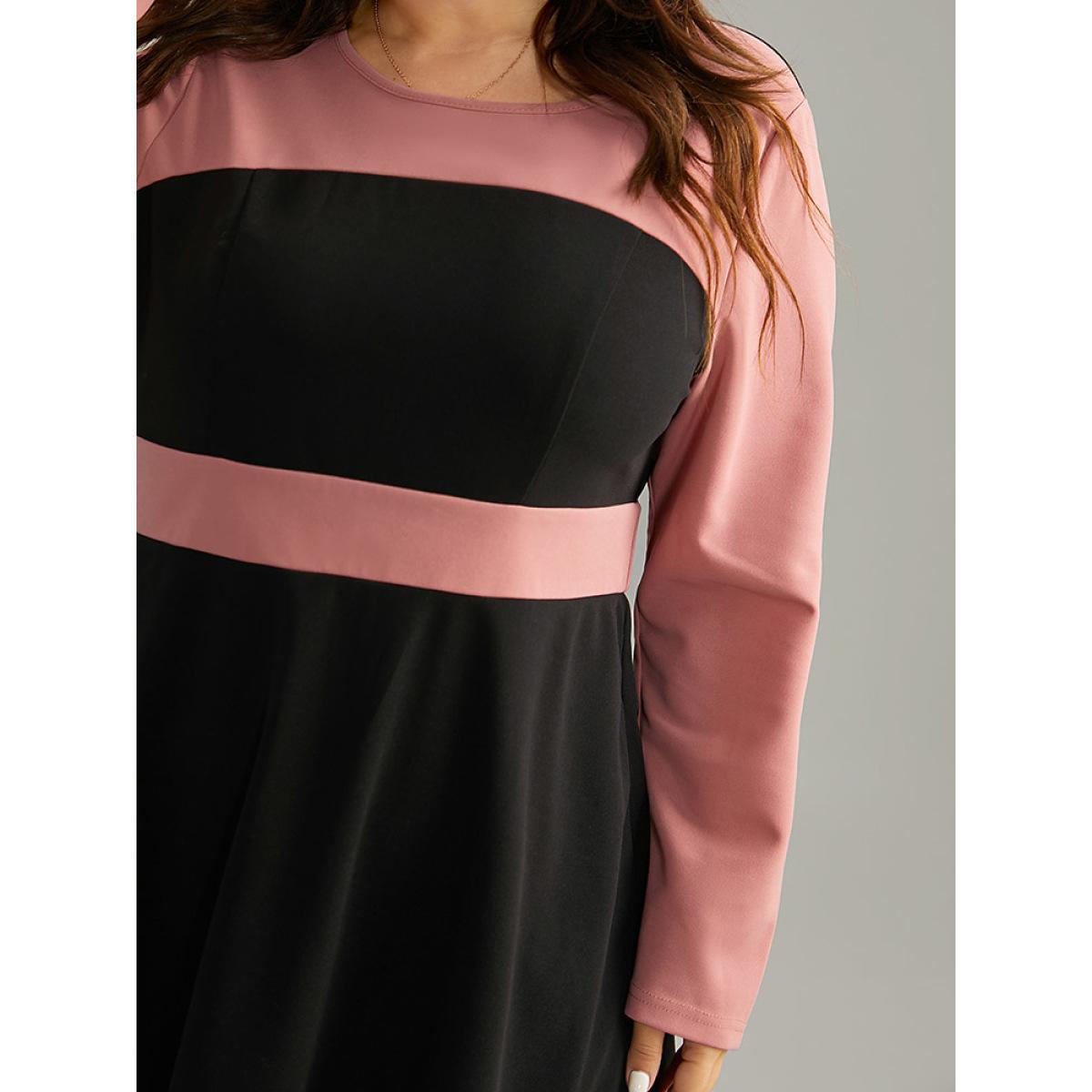Plus Size Colorblock Contrast Ruffle Hem Dress Black Women Office Contrast Round Neck Long Sleeve Curvy Midi Dress BloomChic 14-16/1X Product Image