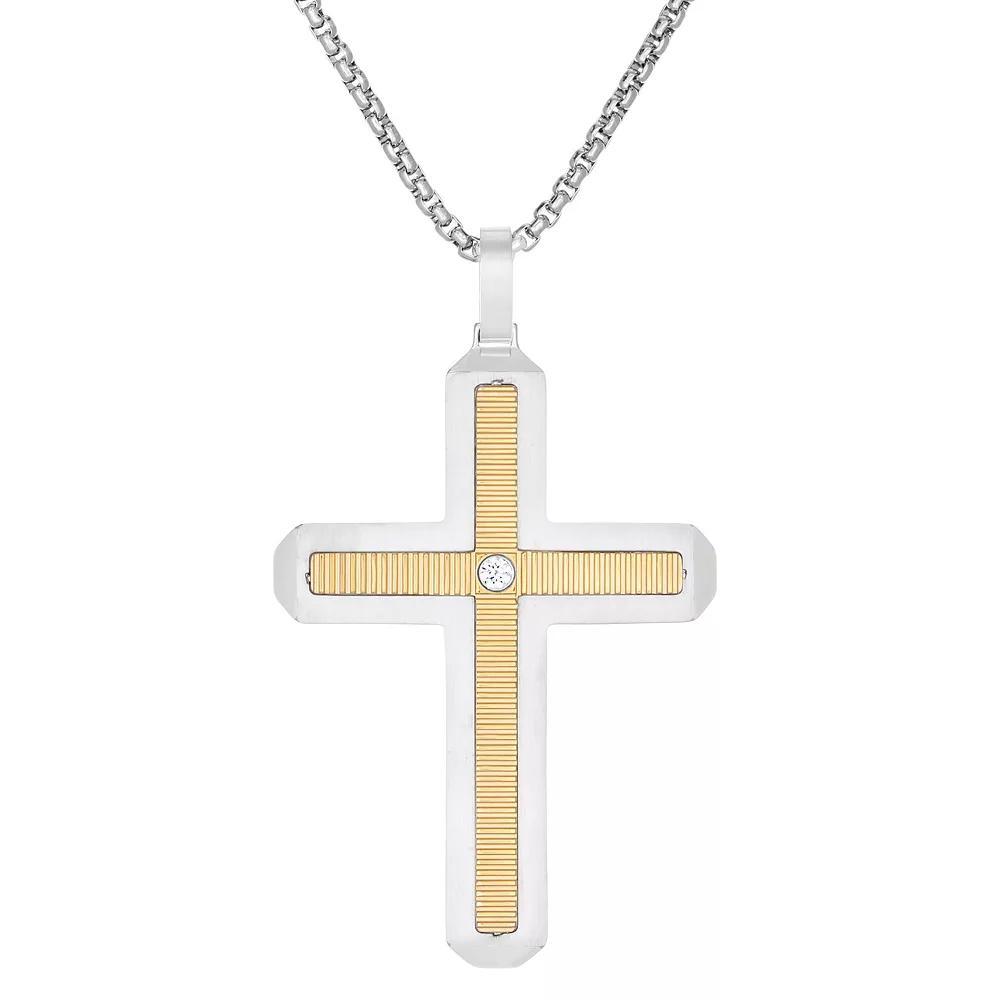 LYNX Men's Two Tone Stainless Steel Cubic Zirconia Cross Pendant, Size: 24", Gold Tone Product Image