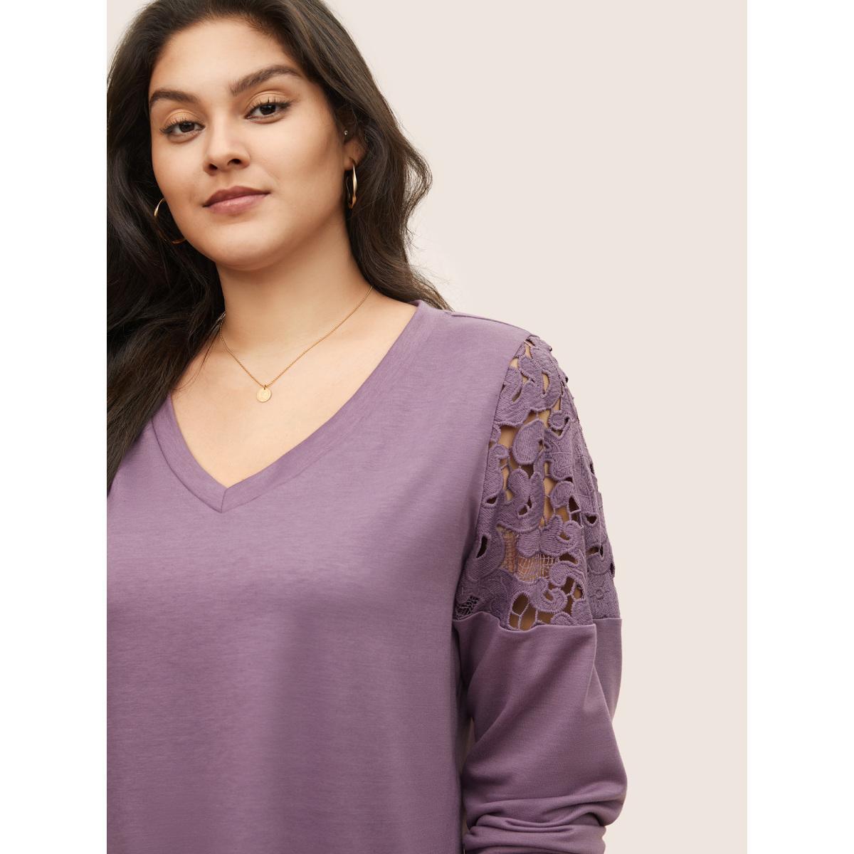 Plus Size Lace Patchwork Embroidered V Neck Sweatshirt Women Mauve Casual Cut-Out V-neck Everyday Sweatshirts BloomChic 18-20/2X Product Image