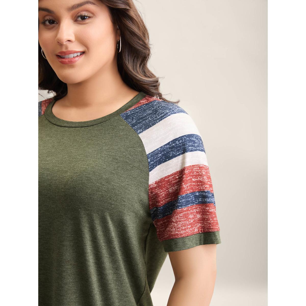 Plus Size Striped Raglan Sleeve Plain T-Shirt ArmyGreen Women Casual Contrast Round Neck Everyday-Casual T-shirts BloomChic 26/4X Product Image