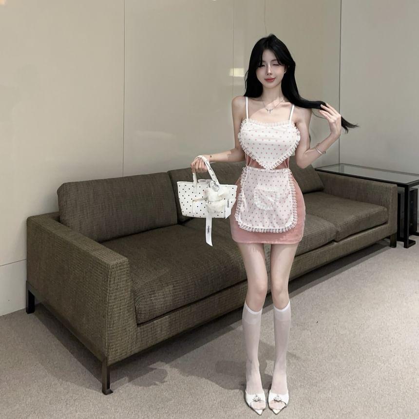 Spaghetti Strap Lace Trim Dotted Mini Bodycon Dress Product Image