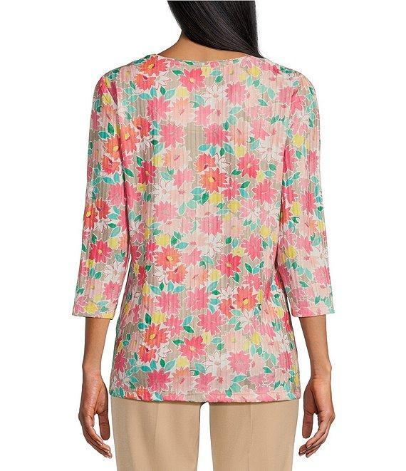 Allison Daley Embellished Cheerful Daisy Print 3/4 Sleeve Crew Neck Knit Top Product Image