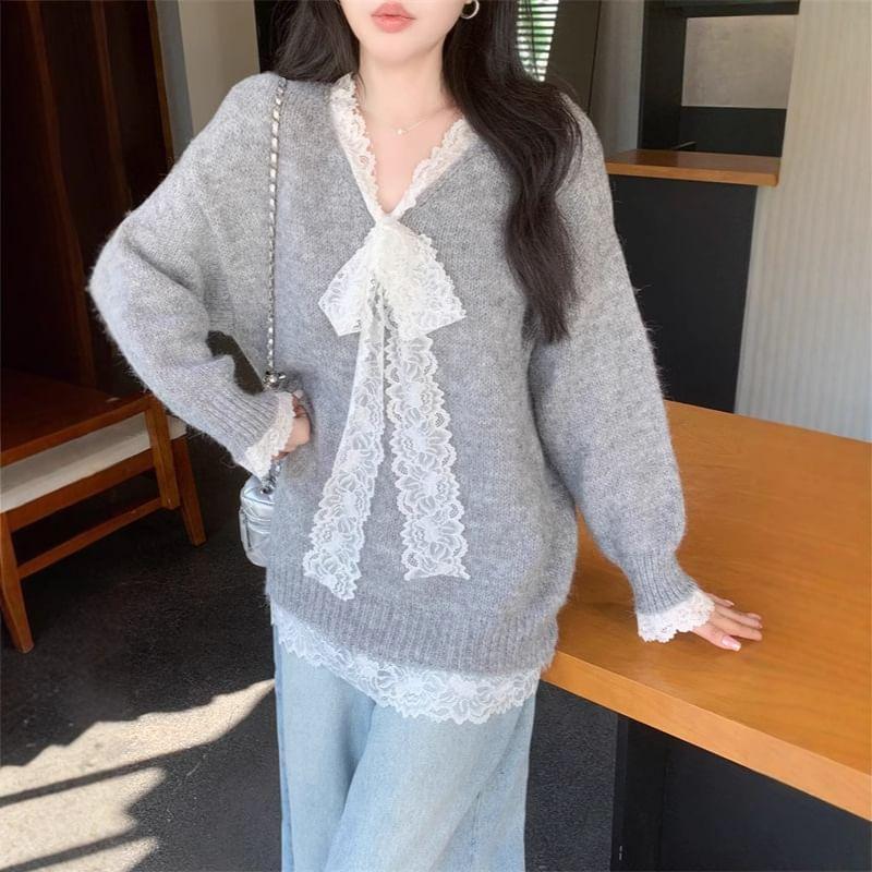 V-Neck Mock Two-Piece Lace Panel Tie Front Oversized Sweater Product Image