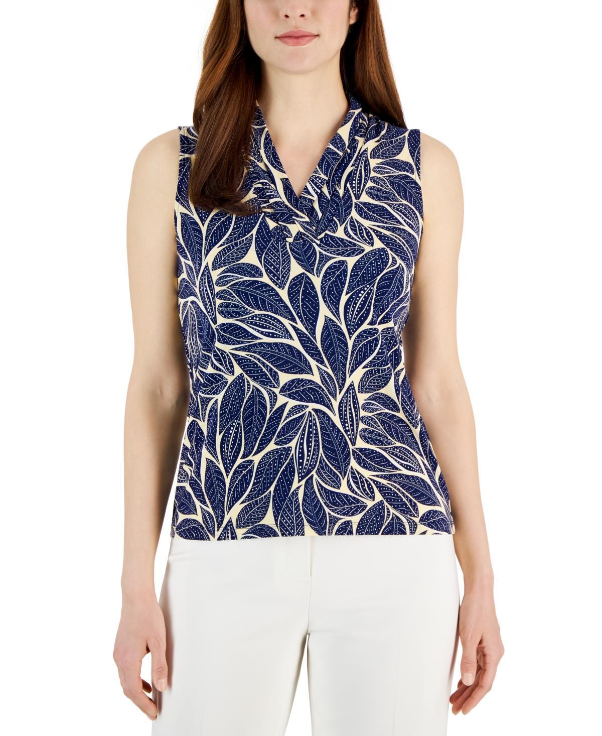 Anne Klein Womens Pleated-Neck Printed Sleeveless Top - Anne Black Product Image