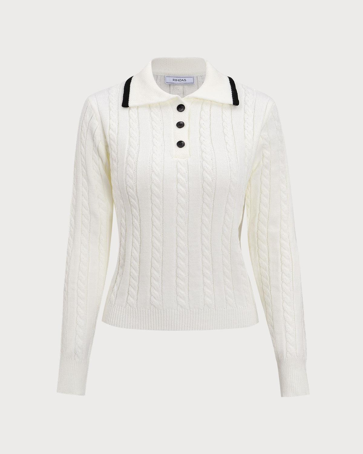 White Contrasting Button Sweater Product Image