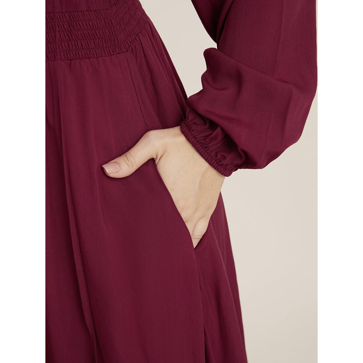 Plus Size Solid Pocket Button Detail Tie Neck Shirred Ruffles Dress Burgundy Women Elegant Pocket V-neck Long Sleeve Curvy Midi Dress BloomChic 18-20/2X Product Image