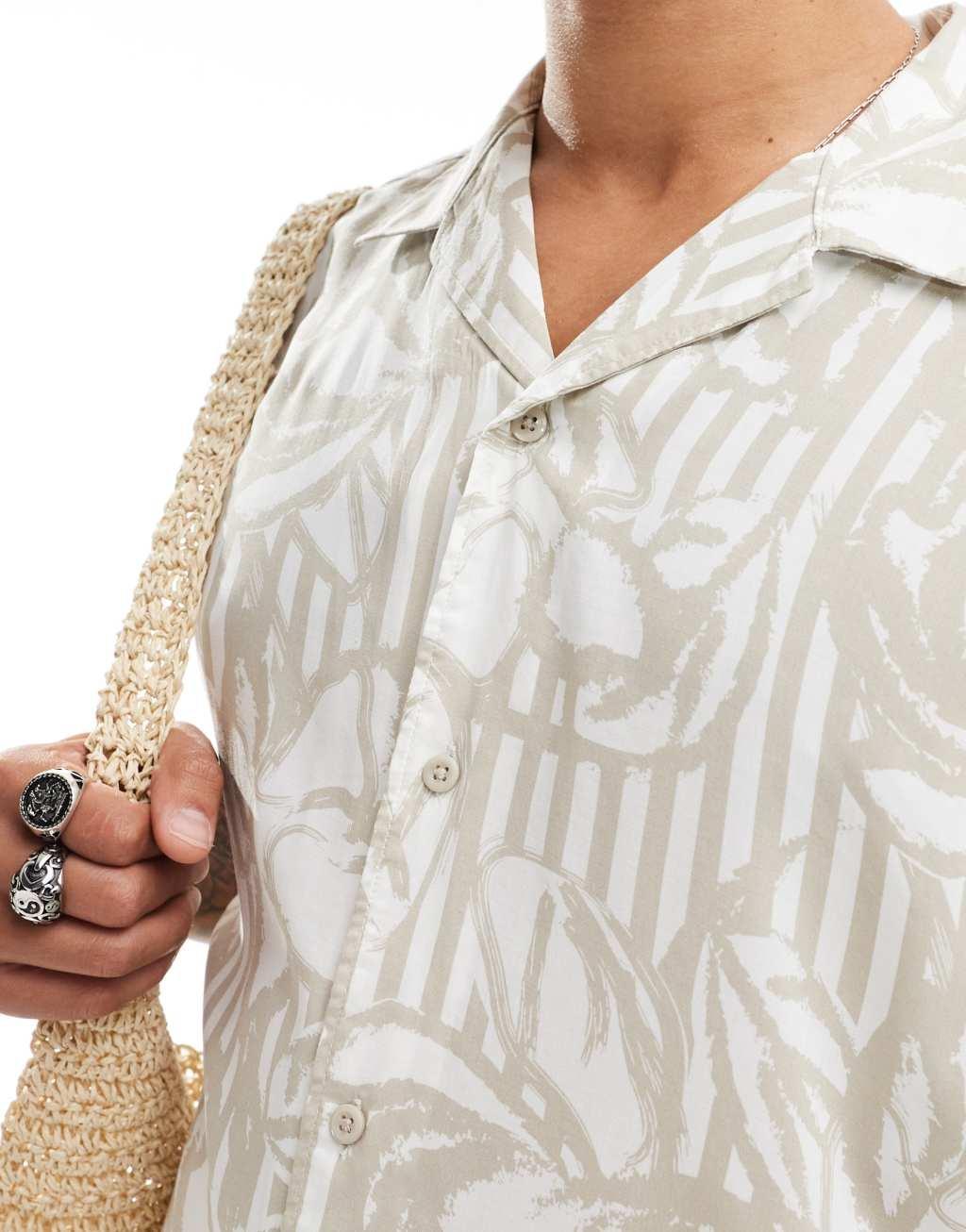 ADPT oversized revere collar shirt with floral print in beige Product Image