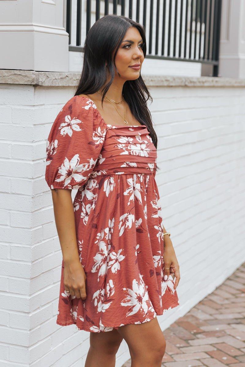 Terracotta Floral Print Pleated Mini Dress - FINAL SALE Product Image