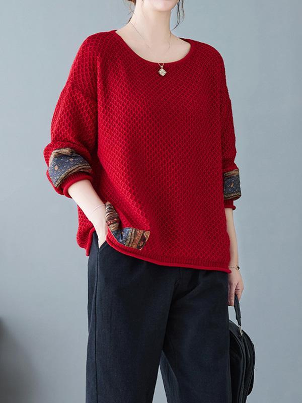Long Sleeves Loose Printed Split-Joint Round-Neck Pullovers Sweater Tops Product Image