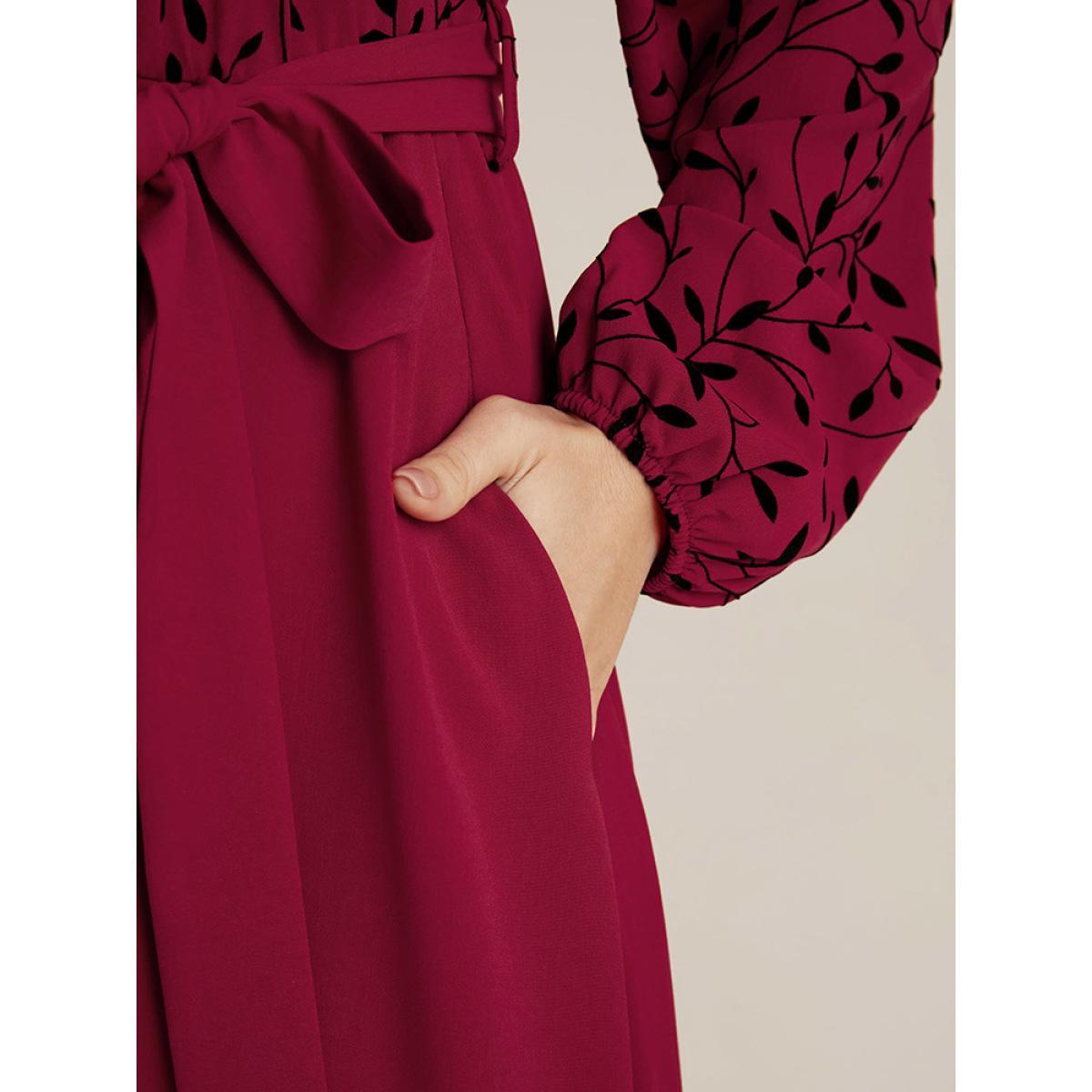 Plus Size Plant Print Lantern Sleeve Pocket Belted Ruffles Hem Dress Burgundy Women Elegant Patchwork V-neck Long Sleeve Curvy Midi Dress BloomChic 26/4X Product Image