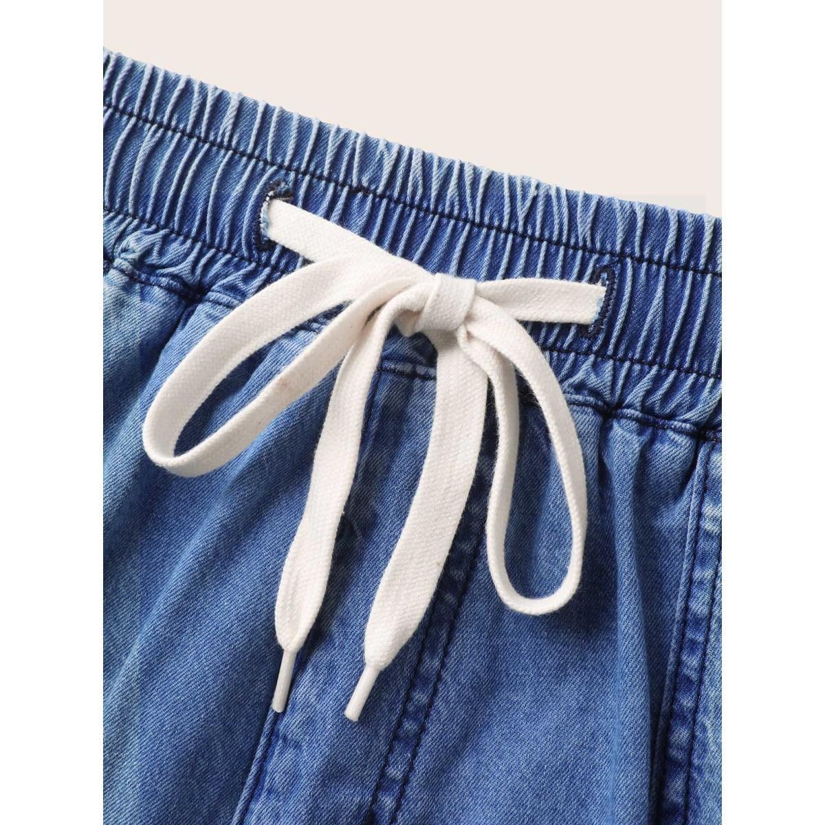 Plus Size Cotton Stretchy Waist Drawstrings Denim Shorts Women Midblue No stretch Everyday-Casual Slanted pocket Denim Shorts BloomChic 28/5X Product Image