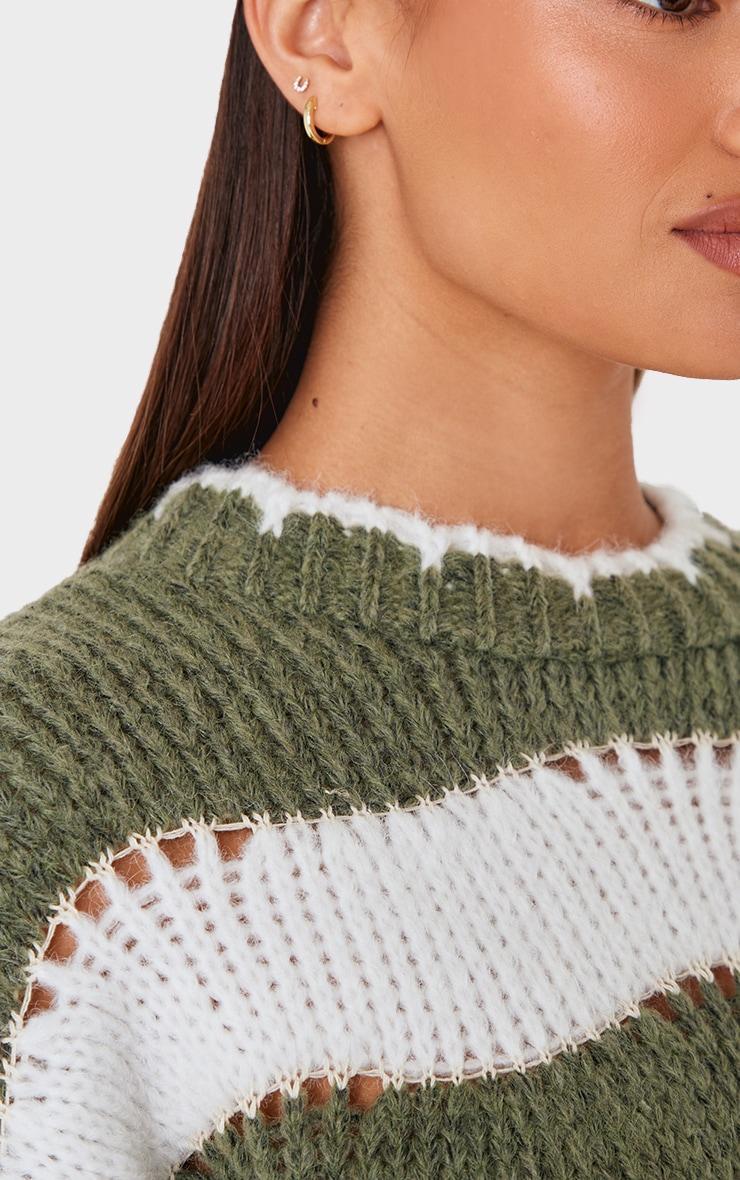 Khaki Stripe Distressed Detail Chunky Knit Sweater Product Image