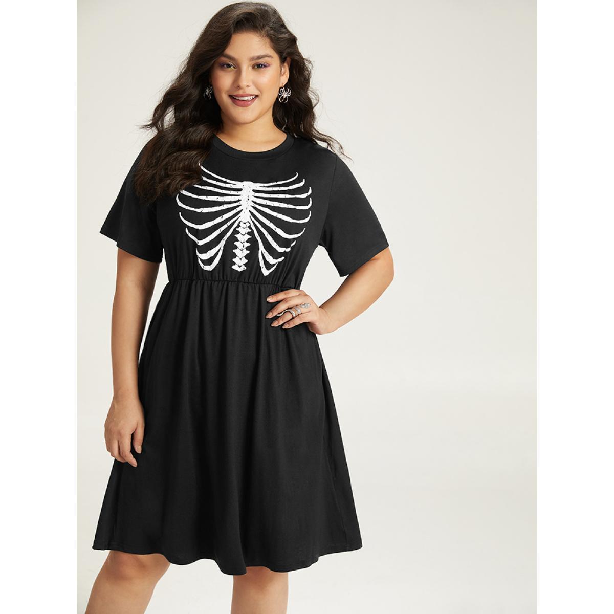 Plus Size Halloween Skull Print Pocket Elastic Waist Dress Black Women Casual Gathered Curvy Midi Dress BloomChic 30/6X Product Image